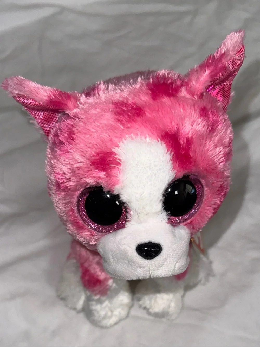 Ty Pink & White Plush Puppy with Sparkly Eyes